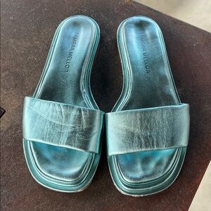 Tamara Mellon Metallic aqua blue Slide Sandals SZ 6.5